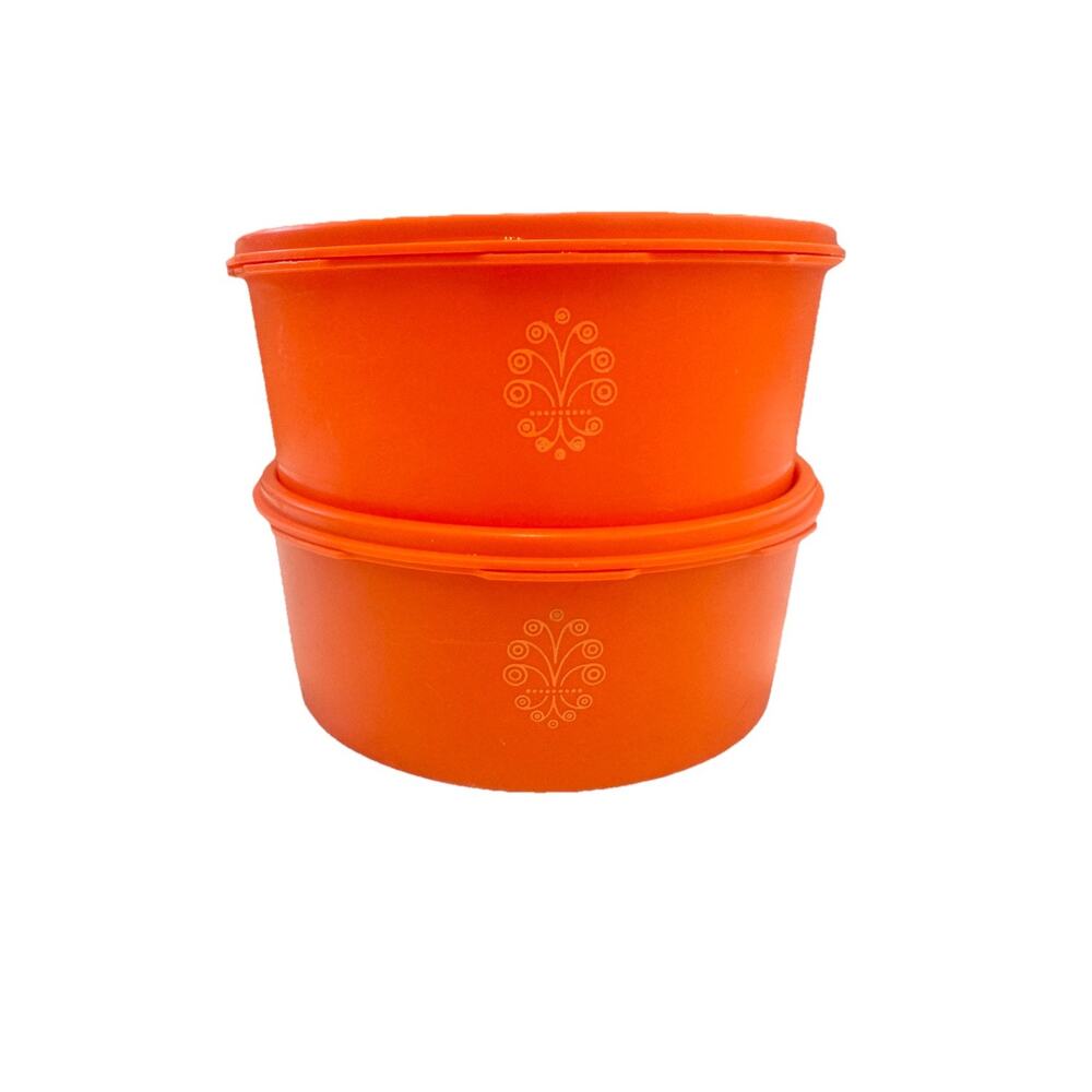 Vintage Tupperware 1204-7 Orange Canister Orange Lid 8"x3" Lot of 2